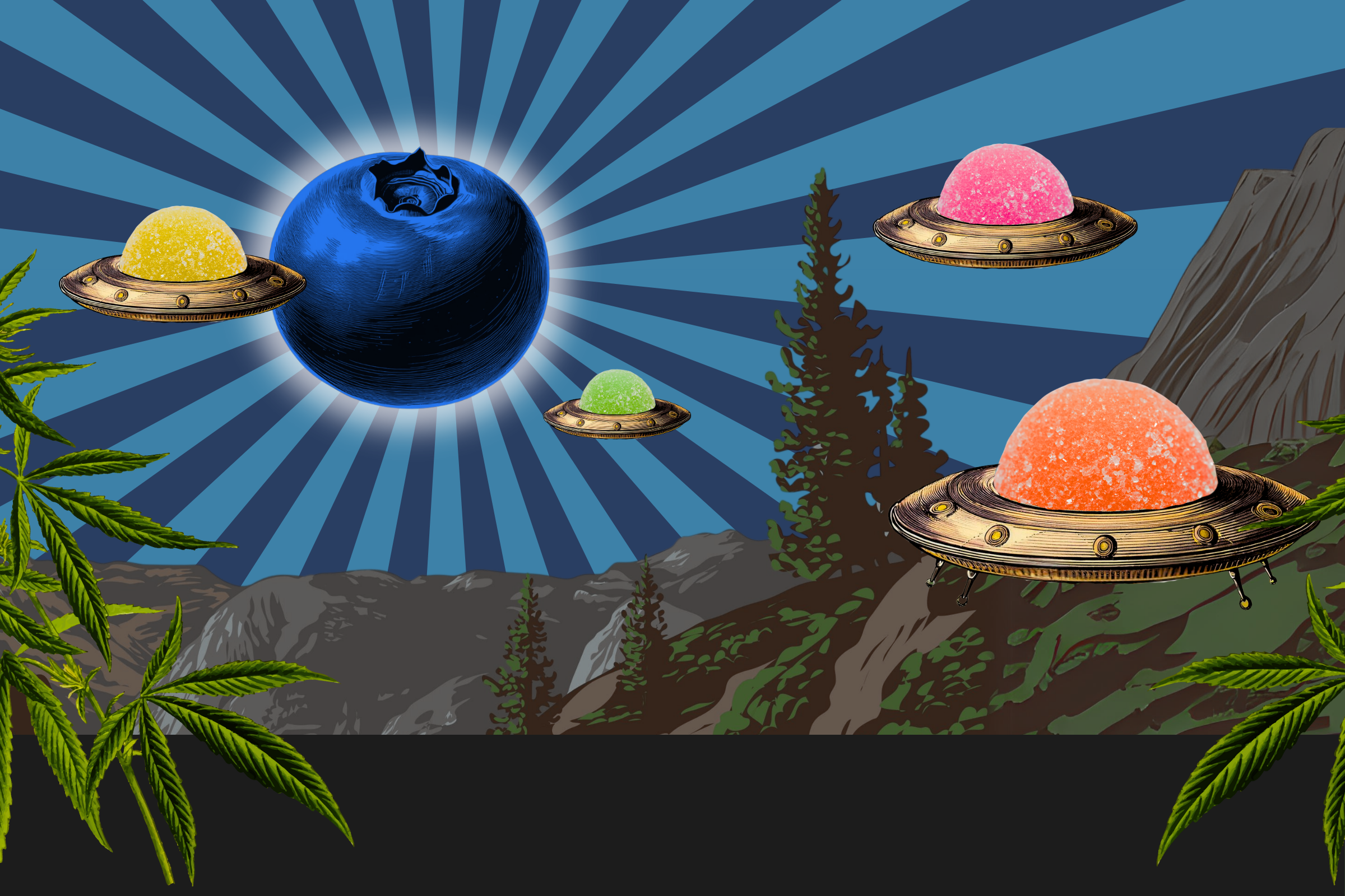 Crested River hemp THC gummies as UFOs with a blueberry moon