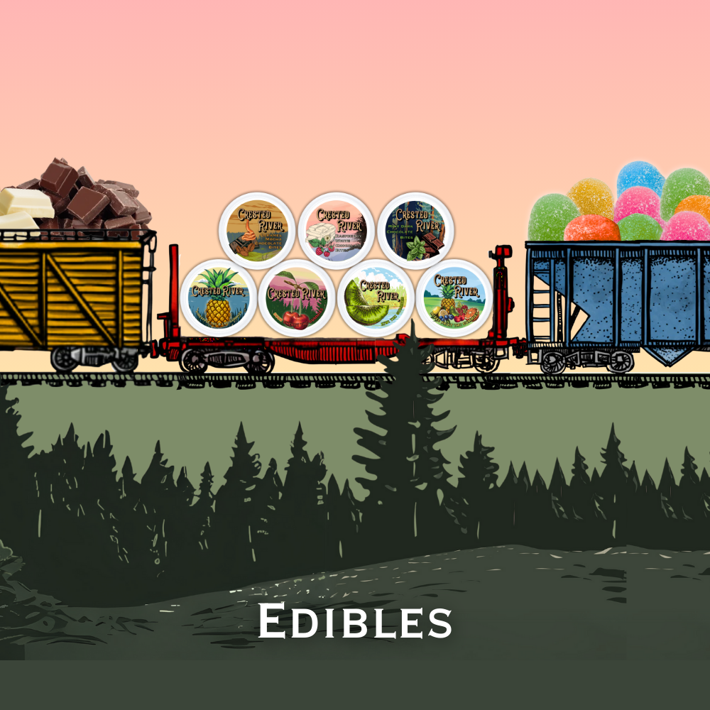 Illustration of a train with cargo cars filled with Crested River hemp THC gummies and chocolates labeled 'Edibles' against a forest background.