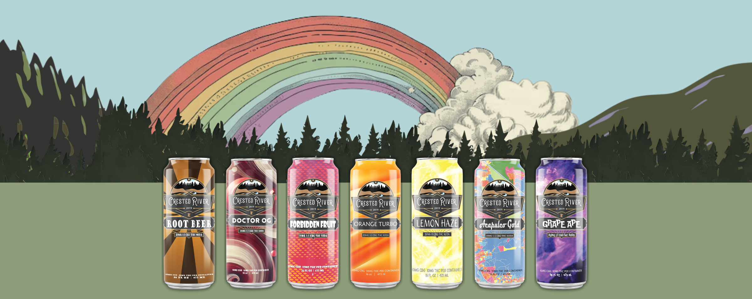 Cans of Crested River Homegrew hemp THC sodas against a scenic background with a rainbow.