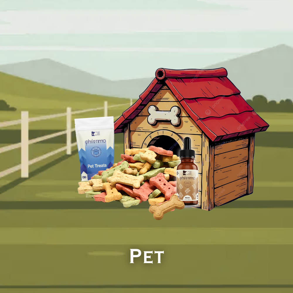 Doghouse with Philotimo pet CBD products on a grassy field with a fence and mountains in the background.