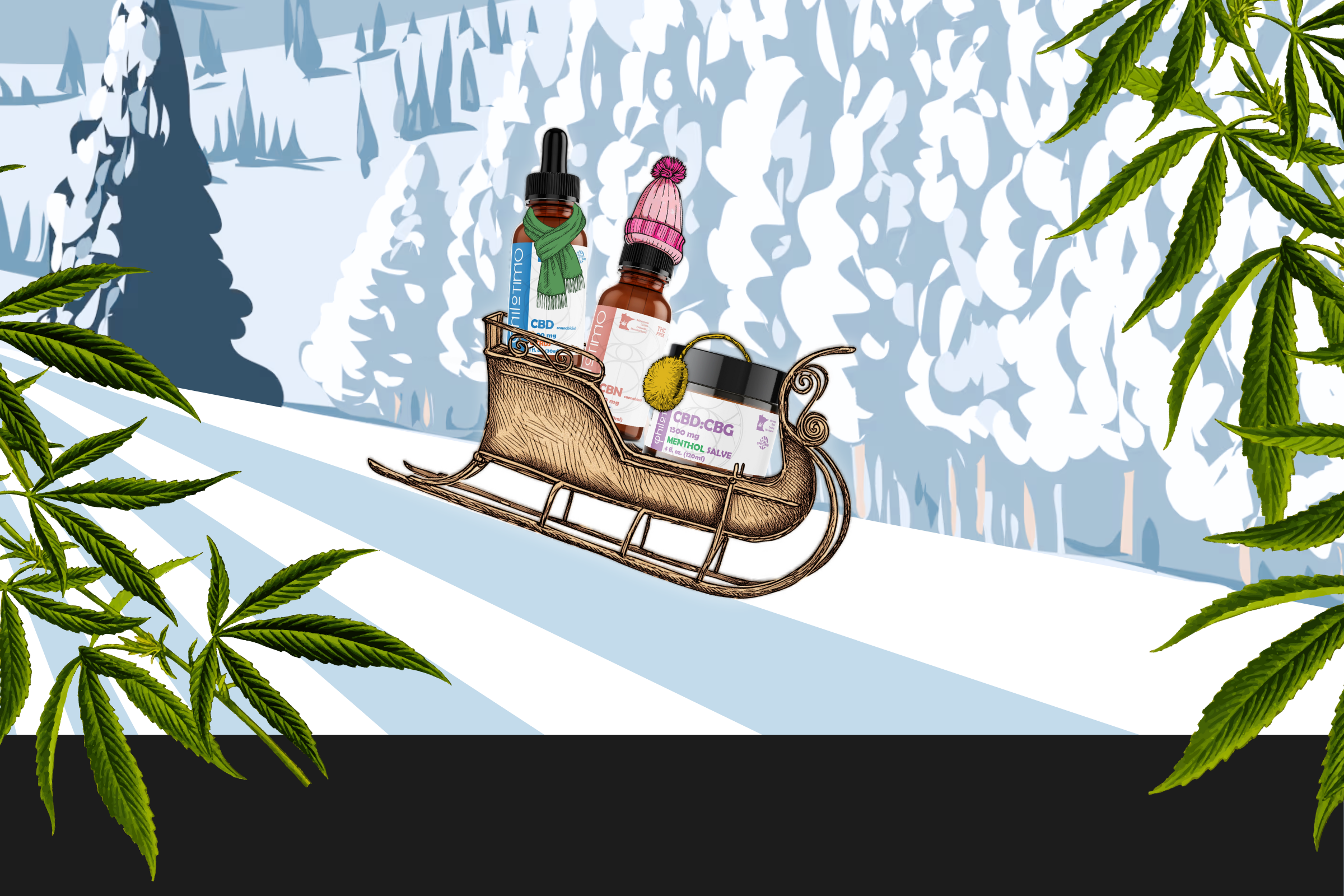 Philotimo hemp tinctures and topicals on a sled against a winter background